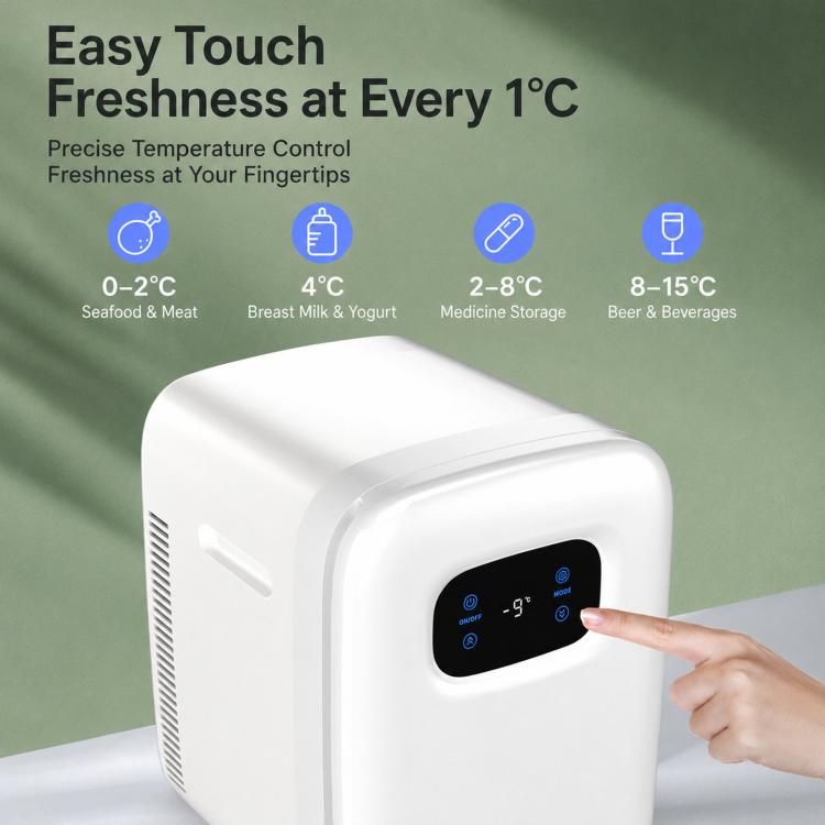 White mini fridge with touch front display; finger pointing at temperature controls.