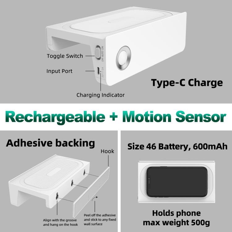 2-In-1 Motion Sensor Nightlight With Phone Shelf Rechargeable LED Sconce For Restroom