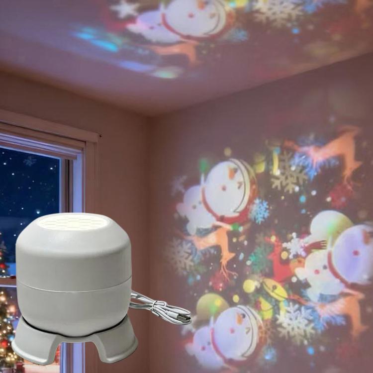White LED projector light on three feet, power button visible, metal keyring attached