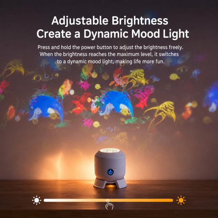 Adjustable brightness graphic for an LED projector light, with brightness slider