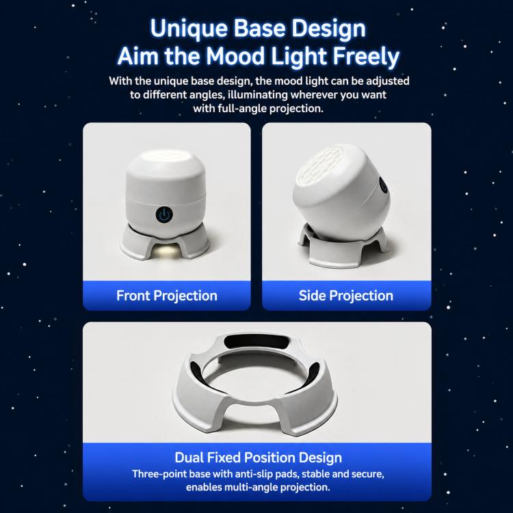 Dual fixed base design graphic for an LED projector, showing front and side projection
