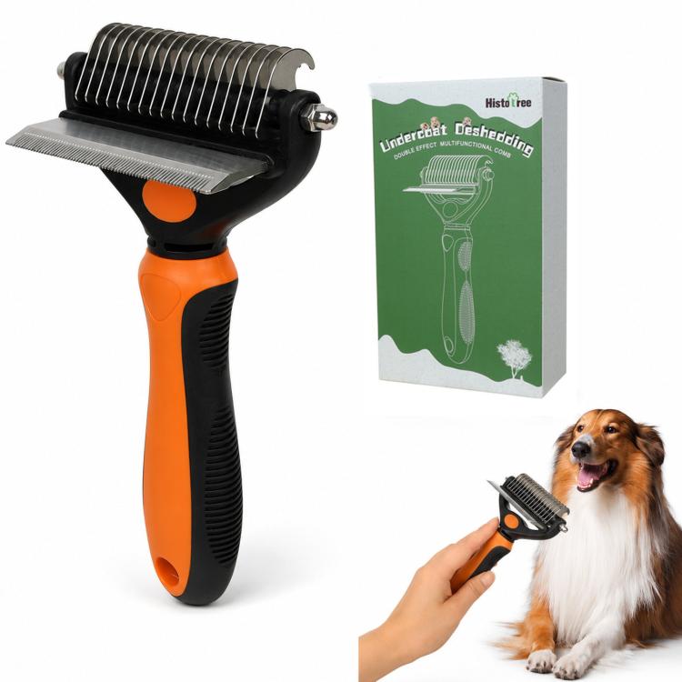 2-in-1 pet grooming dematting comb with rake blade and black metal teeth, orange handle