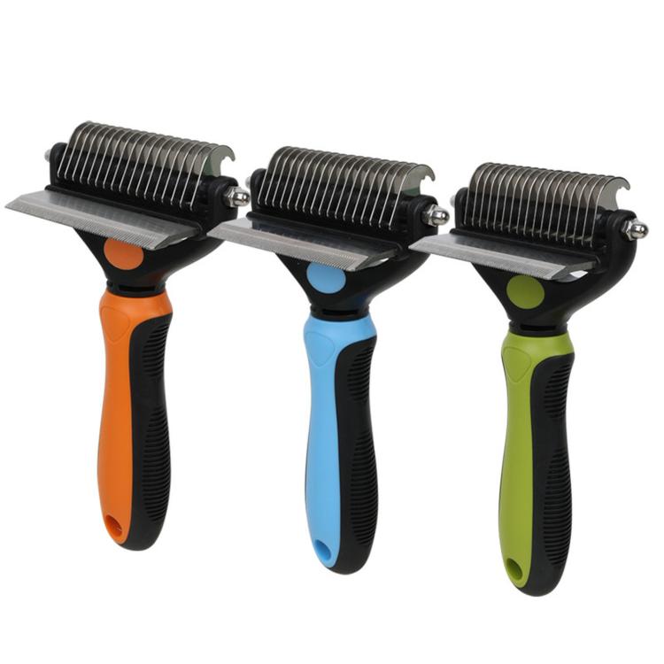 Set of 2-in-1 pet dematting combs with rake blades and curved metal teeth in orange, blue, green