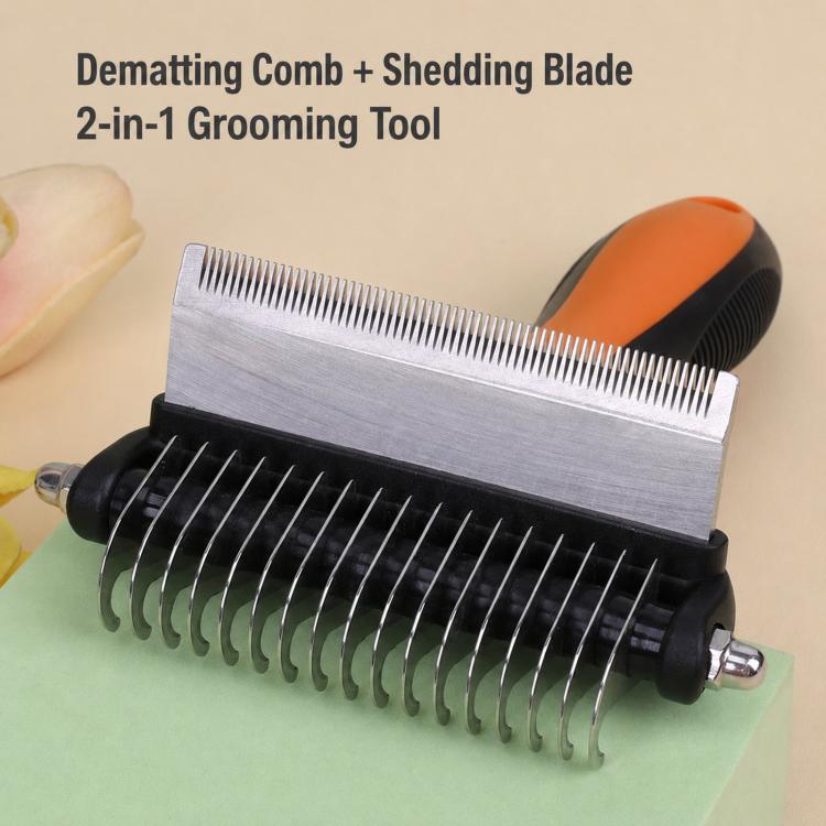 2-in-1 pet grooming tool showing comb teeth and flat shedding blade, metal and black parts