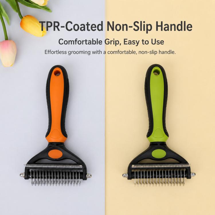 Non-slip handle pet grooming dematting combs in orange and green with metal teeth