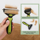 Pet grooming dematting comb removing loose hair, green handle and black metal teeth