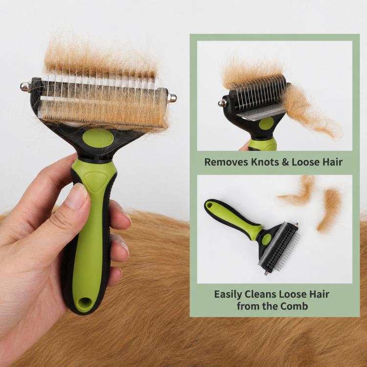 Pet grooming dematting comb removing loose hair, green handle and black metal teeth