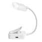 White clip-on LED lamp base with flexible gooseneck and glowing light head