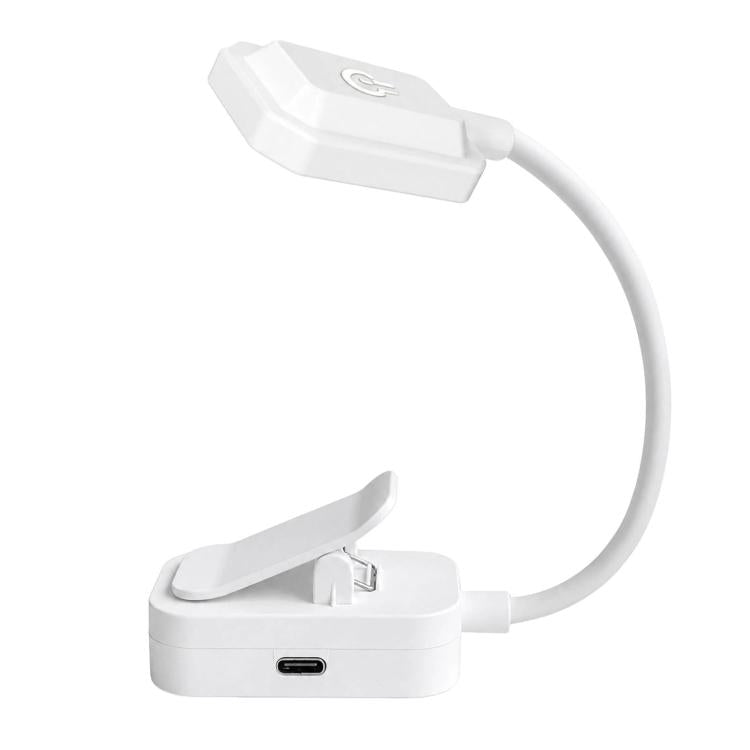 White clip-on LED lamp base with flexible gooseneck and glowing light head