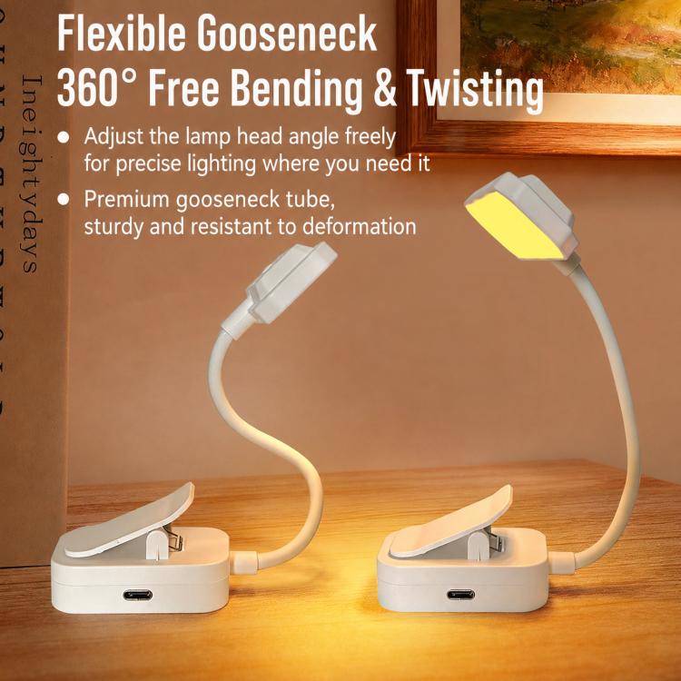 White LED clip lamp with flexible gooseneck shown in two head positions