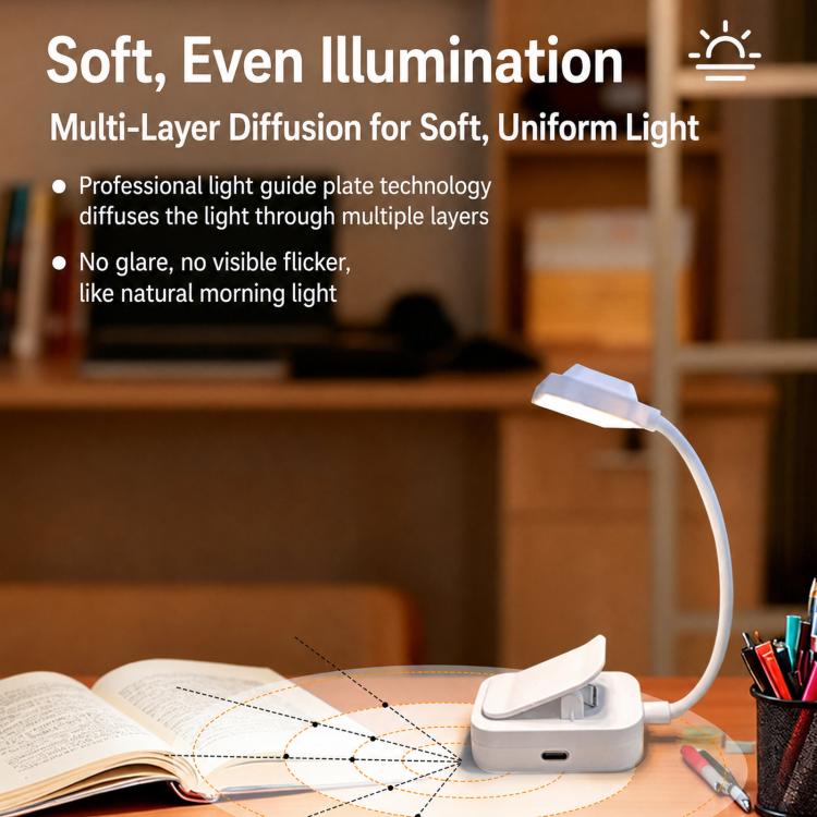 White LED clip-on lamp with curved gooseneck and diffused light head over book