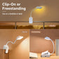 White LED reading lamp with clip-on or freestanding base and curved gooseneck