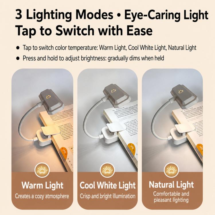 Clip-on LED reading lamp with 3 light modes and switch control