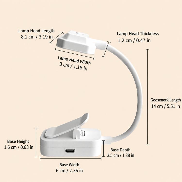 Clip-on LED reading lamp with flexible gooseneck and base dimensions