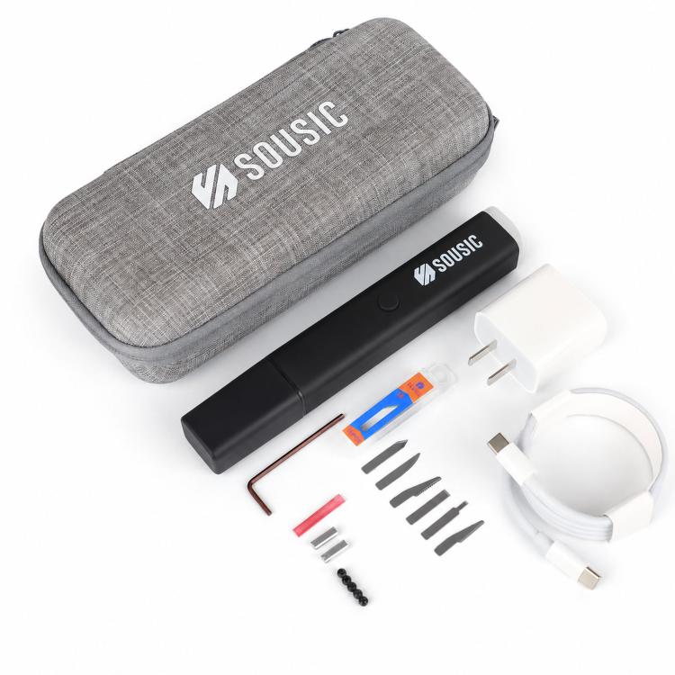 Ultrasonic cutting pen kit with gray zip case, black handheld tool, and blade accessories