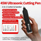 Handheld ultrasonic cutting pen with pointed metal blade tip held in a hand