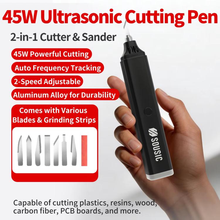Handheld ultrasonic cutting pen with pointed metal blade tip held in a hand
