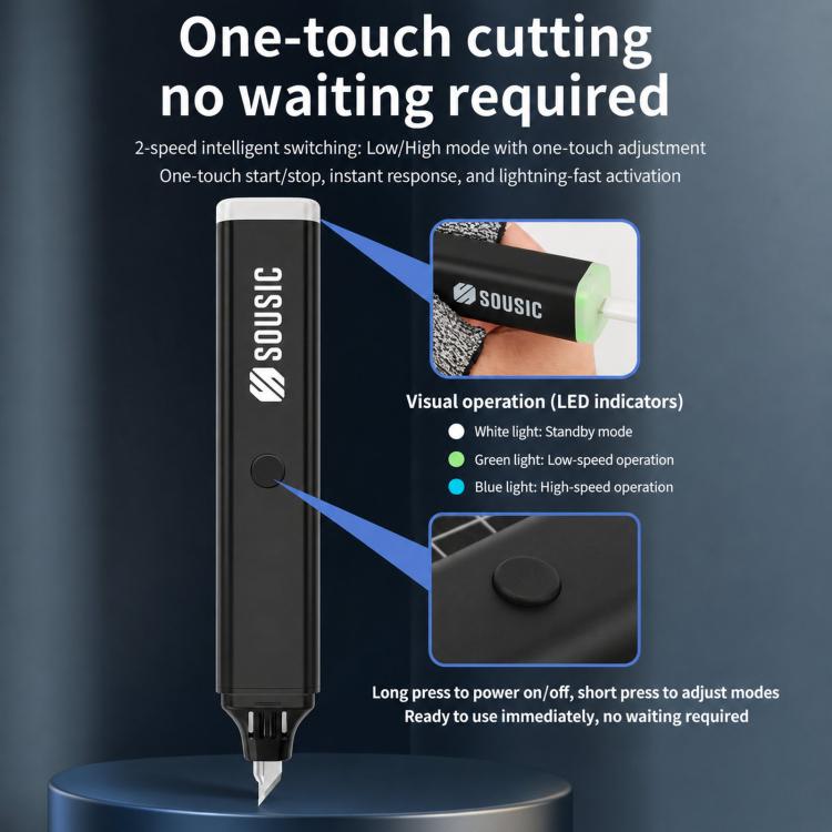 Black ultrasonic cutting pen with metal tip and round power button