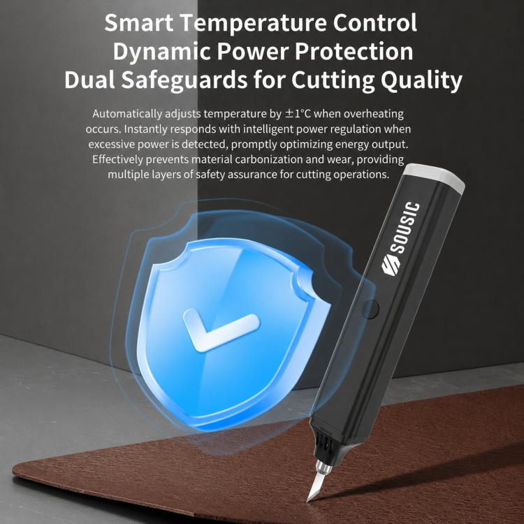 Ultrasonic cutting pen cutting on a brown sheet with metal blade tip