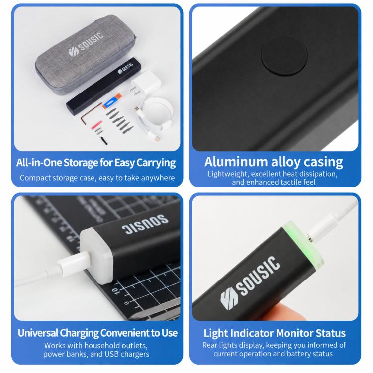 Ultrasonic cutting pen storage kit with gray case, black handle, and white charging cable