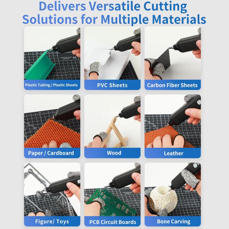 Ultrasonic cutting pen shown cutting multiple materials in a product grid