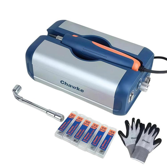 Ultrasonic plastic sprue cutter tool kit with handheld unit, accessory blades, gloves