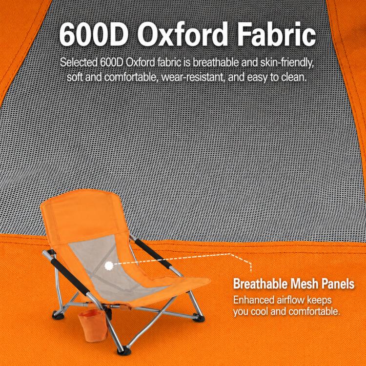 Orange folding beach chair showing breathable mesh panels and padded arm supports