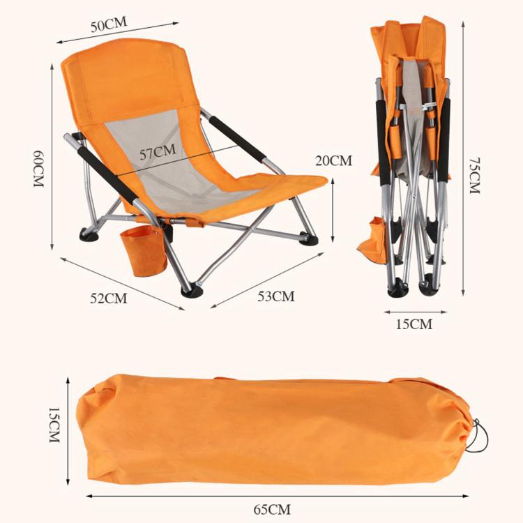 Orange folding beach chair with carry bag, shown with size measurements