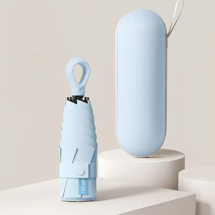 Light blue 5-fold capsule umbrella with carrying case, closed canopy cover