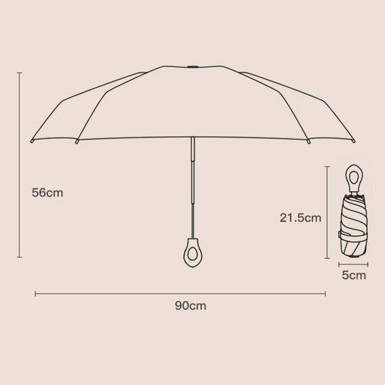 Portable 5-fold umbrella size diagram showing canopy, handle, and compact case