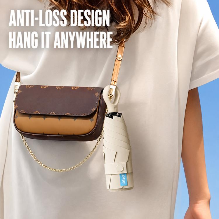 5-fold capsule umbrella clipped to a bag strap, closed carrying case