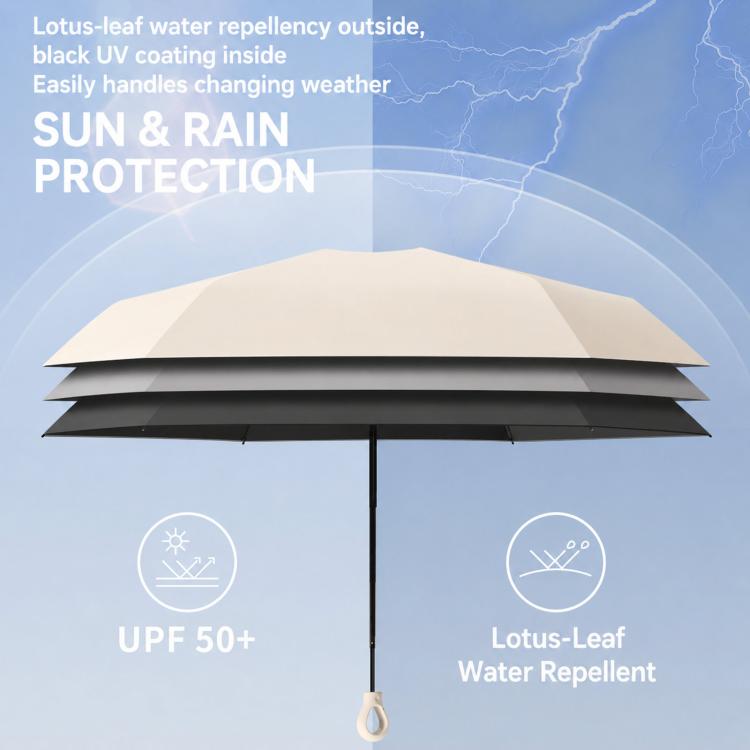 Portable 5-fold umbrella, beige outer canopy with black underside and hanging loop