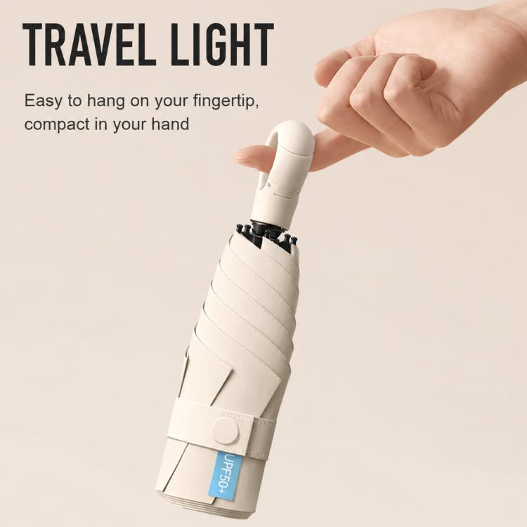 Portable 5-fold umbrella folded in hand, off-white canopy with strap and case