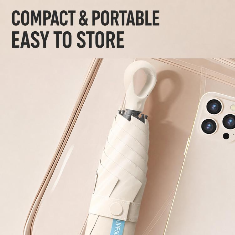 Portable 5-fold umbrella folded and stored upright with carrying strap