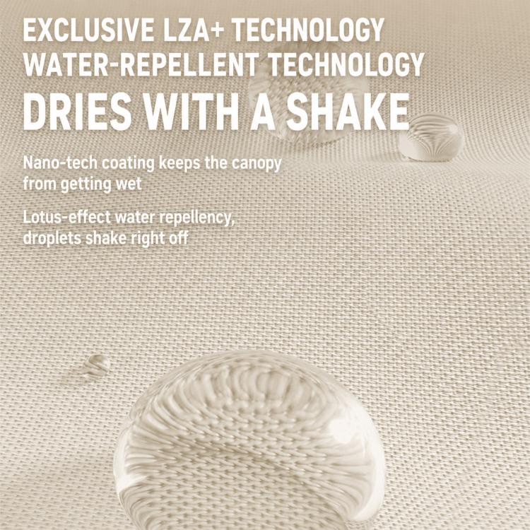 Portable 5-fold umbrella canopy close-up with water-repellent droplets icon
