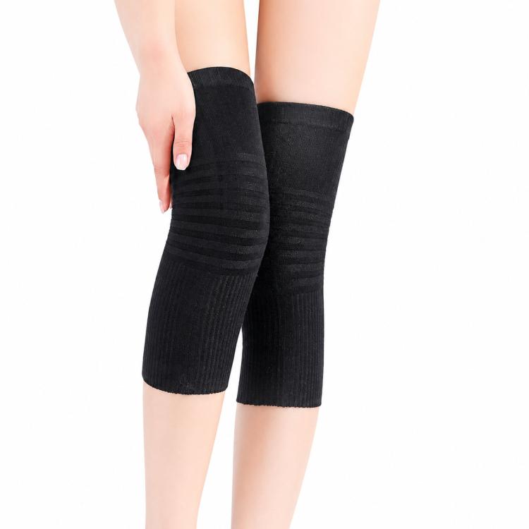 Cotton knee pads, black short knit sleeves on knees, angled view of pair