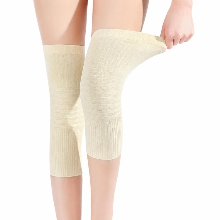 Breathable cotton knee pads, beige short length, ribbed knit anti-slip grip.