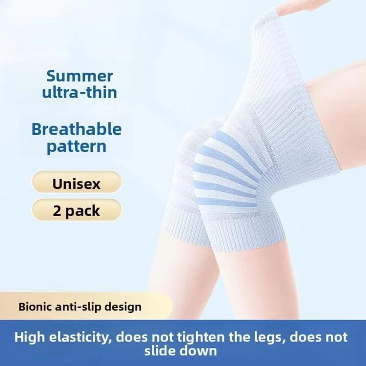 Breathable cotton knee pads on legs, light blue short style with ribbed knit and grip.