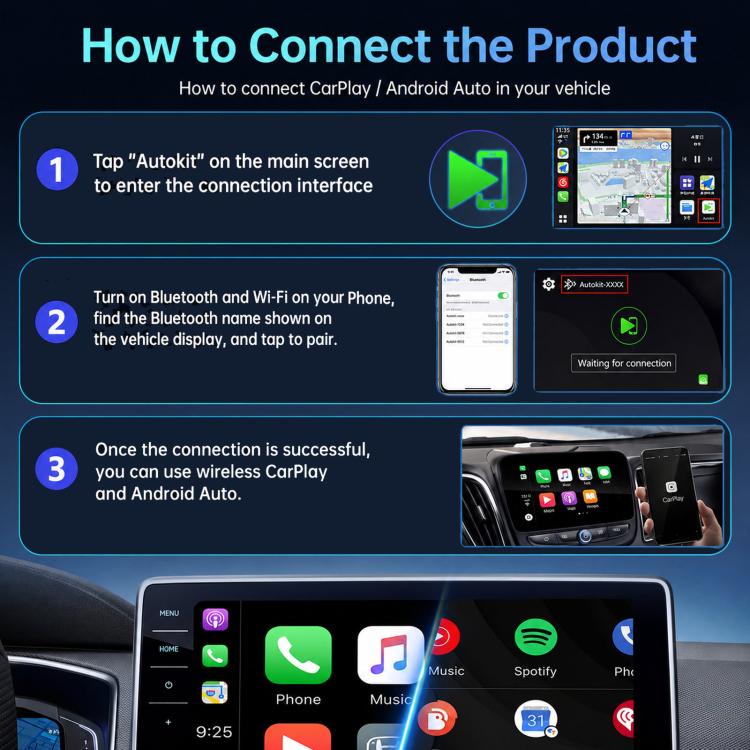 Car baby monitor with screen showing connection steps on the vehicle display