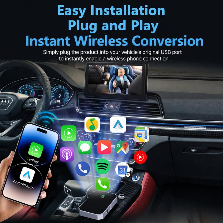 Car baby monitor plug-and-play adapter connected near vehicle center console