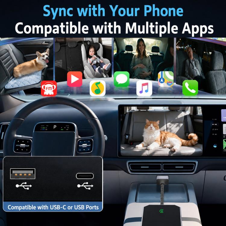 Car baby monitor screen mirroring with multiple app icons in the vehicle