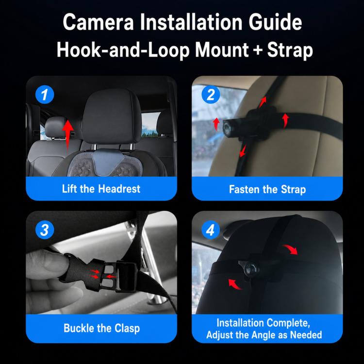 Car baby monitor camera mounting guide with headrest hook-and-loop strap steps