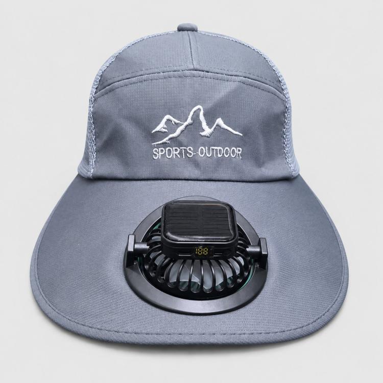 Deep gray wide-brim solar fan hat with centered fan module and visor