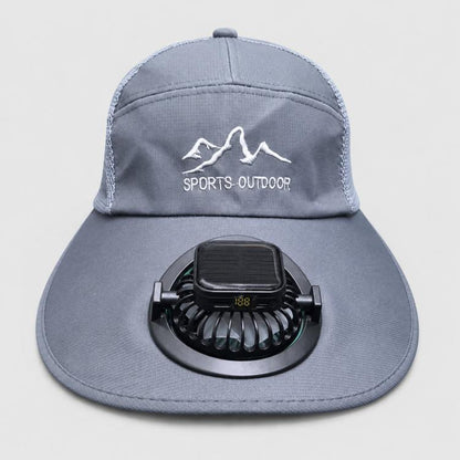 Deep gray wide-brim solar fan hat with centered fan module and visor