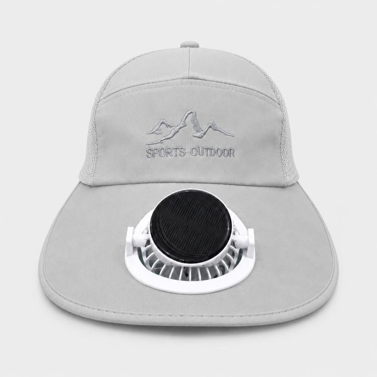 Light gray wide-brim solar fan hat with black circular fan module