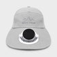 Light gray wide-brim solar fan hat with black fan head and silver ring