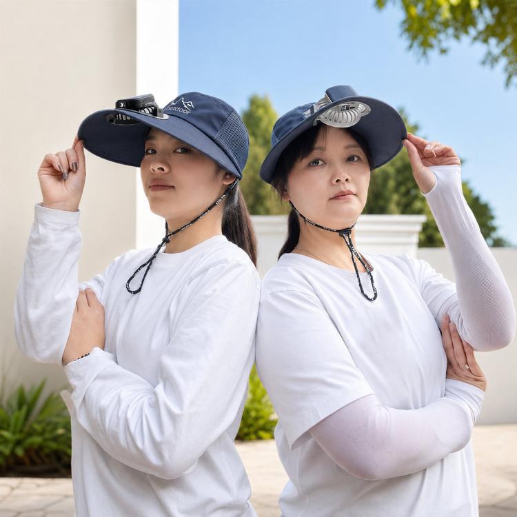 Navy wide-brim solar fan sun hats on two people with adjustable neck strap