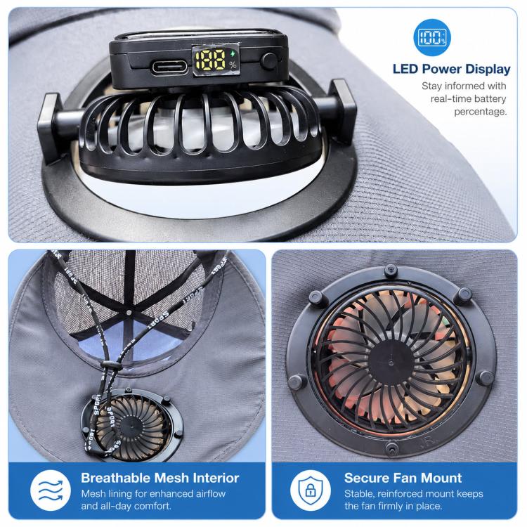Solar fan hat close-up with dark strap LED power display and grille fan vents