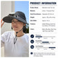 Wide-brim solar fan hat worn by model, dark color with chin cord