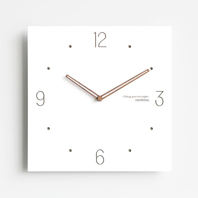 Square wall clock with white face, dark wood hands, and hour dot markers, silent design